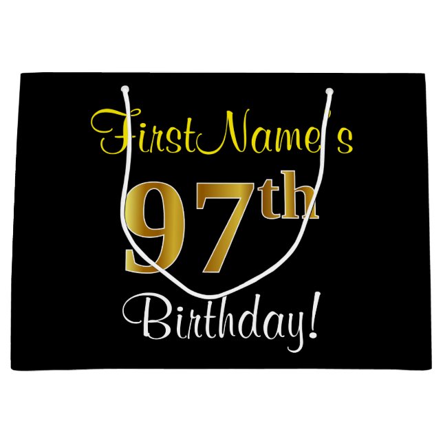 Elegant, Black, Faux Gold 97th Birthday + Name Large Gift Bag (Front)