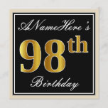 [ Thumbnail: Elegant, Black, Faux Gold 98th Birthday + Name Invitation ]