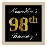 [ Thumbnail: Elegant, Black, Faux Gold 98th Birthday + Name Poster ]
