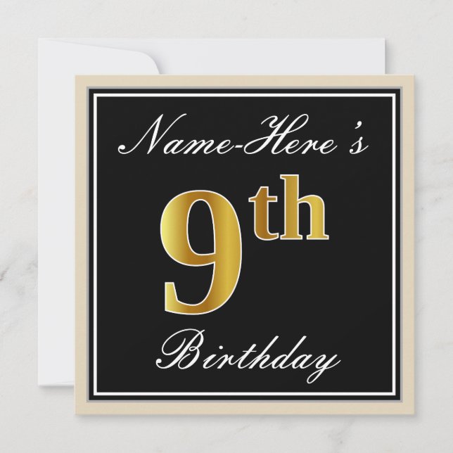 Elegant, Black, Faux Gold 9th Birthday + Name Invitation (Front)