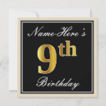 [ Thumbnail: Elegant, Black, Faux Gold 9th Birthday + Name Invitation ]