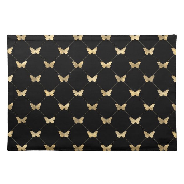 Elegant Black Faux Gold Butterfly Pattern Cloth Placemat (Front)
