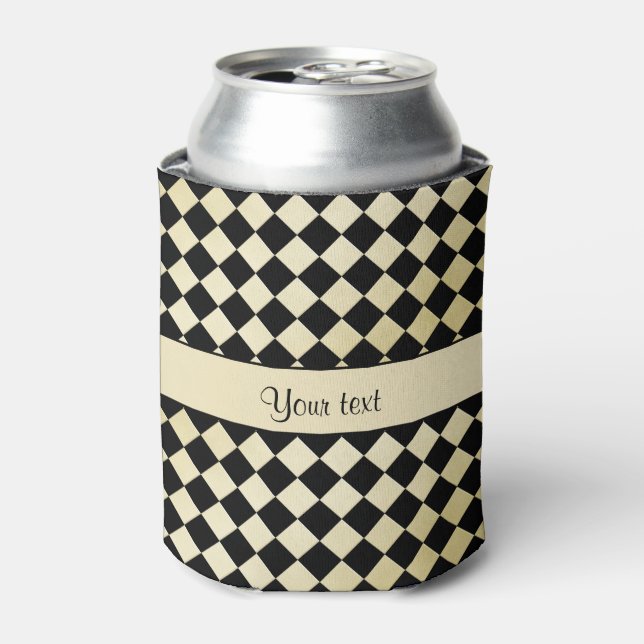 Elegant Black & Faux Gold Checkers Can Cooler (Can Front)