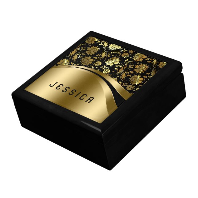 Elegant Black & Faux Gold Floral Damasks Pattern Gift Box (Side)