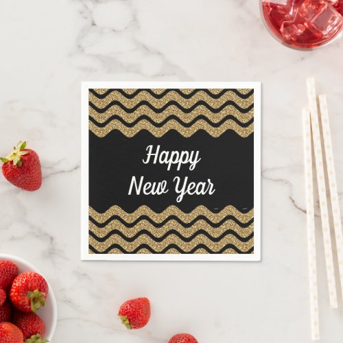 Elegant Black Faux Gold Glitter Stripes New Years Napkins