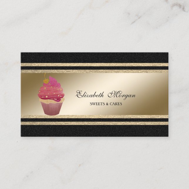 Elegant Black,Faux Gold Glittery Stripes Cupcake Business Card (Front)