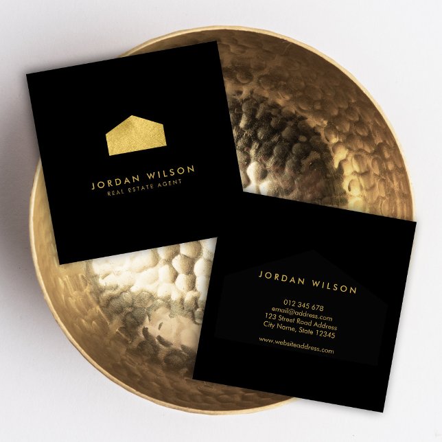 Elegant Black Faux Gold House Real Estate Square Business Card (Creator Uploaded)