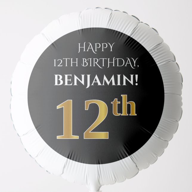Elegant, Black, Faux Gold Look 12th Birthday Balloon (Front)