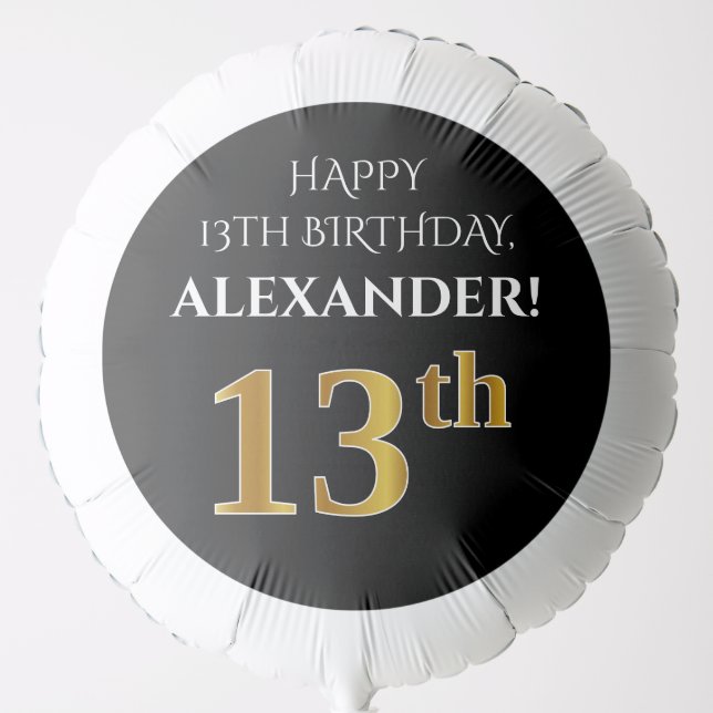 Elegant, Black, Faux Gold Look 13th Birthday Balloon (Front)