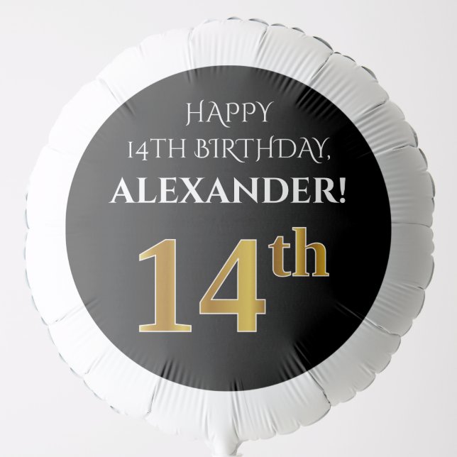 Elegant, Black, Faux Gold Look 14th Birthday Balloon (Front)