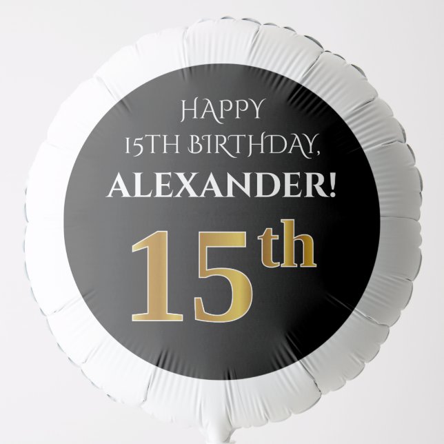 Elegant, Black, Faux Gold Look 15th Birthday Balloon (Front)