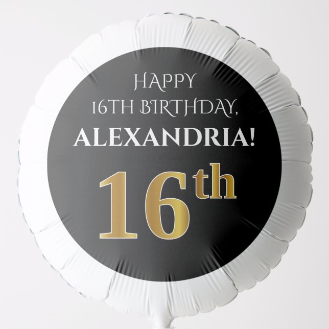 Elegant, Black, Faux Gold Look 16th Birthday Balloon (Front)