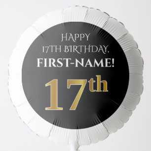 Elegant, Black, Faux Gold Look 17th Birthday Balloon