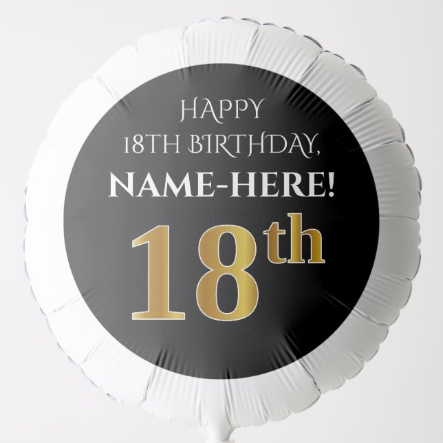 Elegant, Black, Faux Gold Look 18th Birthday Balloon (Front)