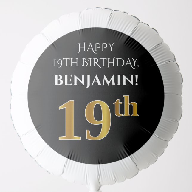 Elegant, Black, Faux Gold Look 19th Birthday Balloon (Front)