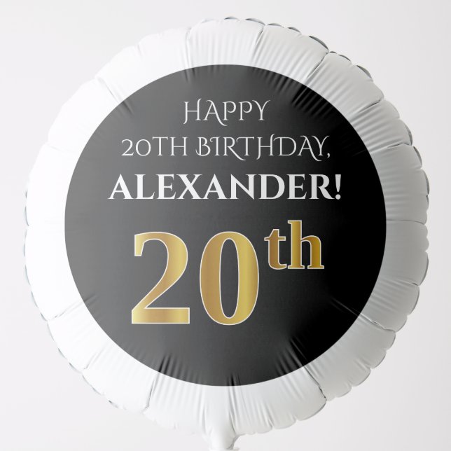 Elegant, Black, Faux Gold Look 20th Birthday Balloon (Front)