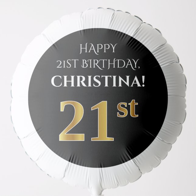 Elegant, Black, Faux Gold Look 21st Birthday Balloon (Front)
