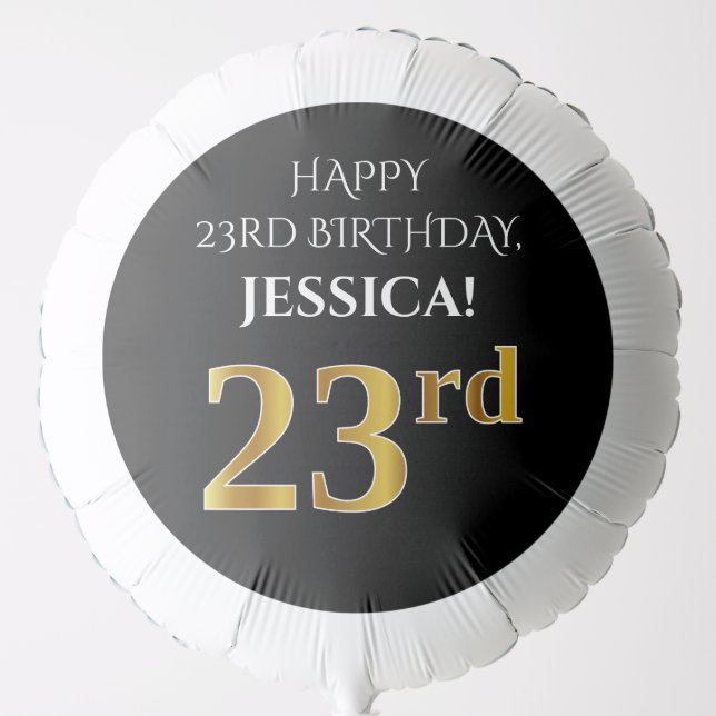 Elegant, Black, Faux Gold Look 23rd Birthday Balloon (Front)