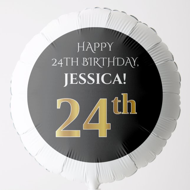 Elegant, Black, Faux Gold Look 24th Birthday Balloon (Front)