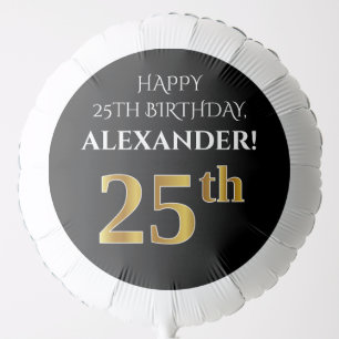 Elegant, Black, Faux Gold Look 25th Birthday Balloon
