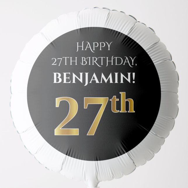 Elegant, Black, Faux Gold Look 27th Birthday Balloon (Front)