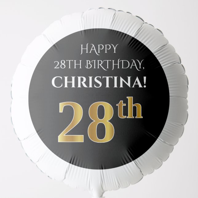 Elegant, Black, Faux Gold Look 28th Birthday Balloon (Front)