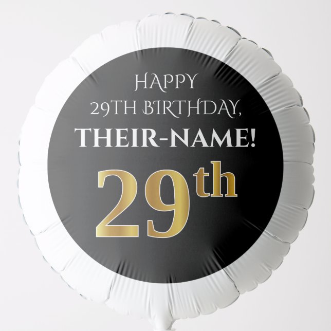 Elegant, Black, Faux Gold Look 29th Birthday Balloon (Front)