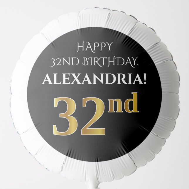 Elegant, Black, Faux Gold Look 32nd Birthday Balloon (Front)