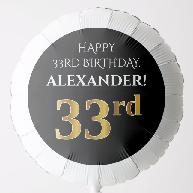 Elegant, Black, Faux Gold Look 33rd Birthday Balloon (Front)
