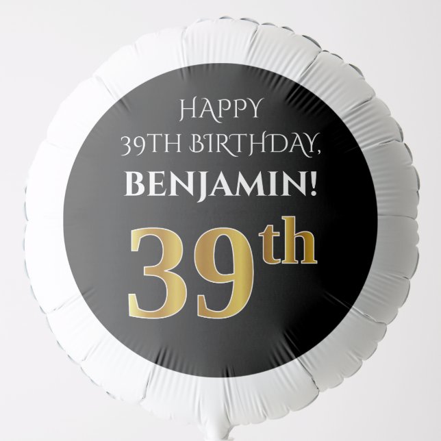 Elegant, Black, Faux Gold Look 39th Birthday Balloon (Front)