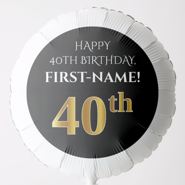 Elegant, Black, Faux Gold Look 40th Birthday Balloon (Front)