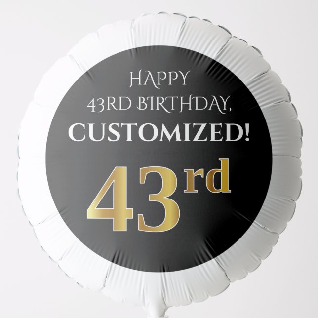 Elegant, Black, Faux Gold Look 43rd Birthday Balloon (Front)