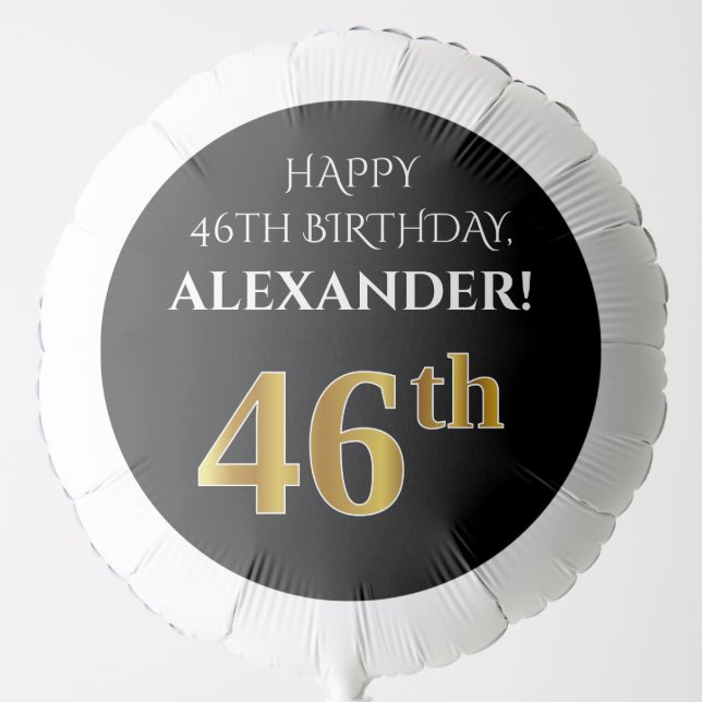 Elegant, Black, Faux Gold Look 46th Birthday Balloon (Front)