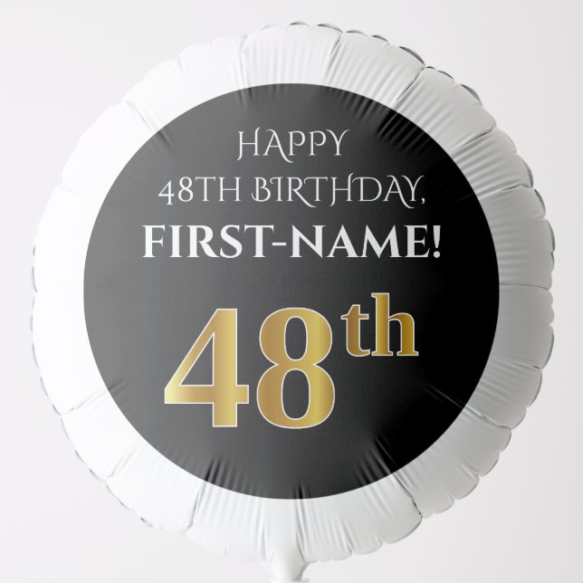 Elegant, Black, Faux Gold Look 48th Birthday Balloon (Front)