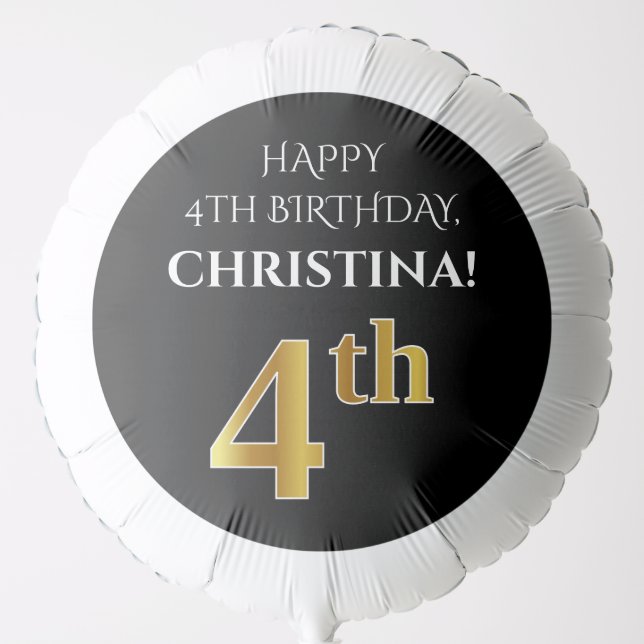 Elegant, Black, Faux Gold Look 4th Birthday Balloon (Front)