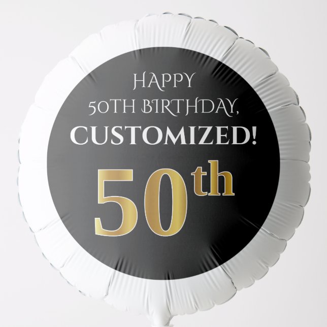 Elegant, Black, Faux Gold Look 50th Birthday Balloon (Front)