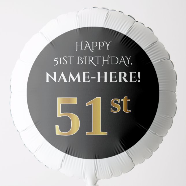 Elegant, Black, Faux Gold Look 51st Birthday Balloon (Front)