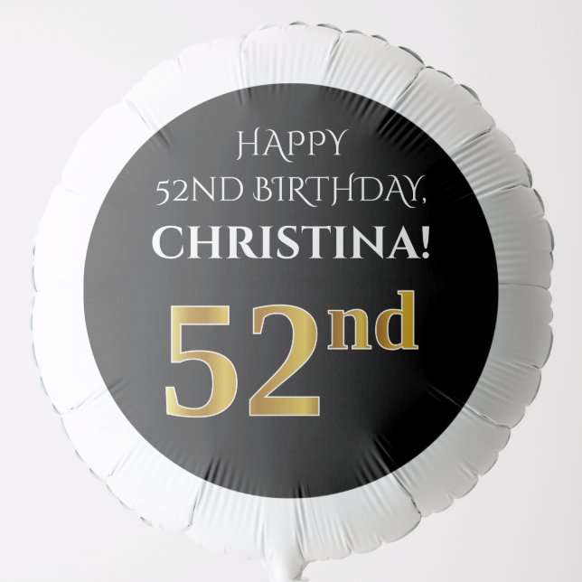 Elegant, Black, Faux Gold Look 52nd Birthday Balloon (Front)