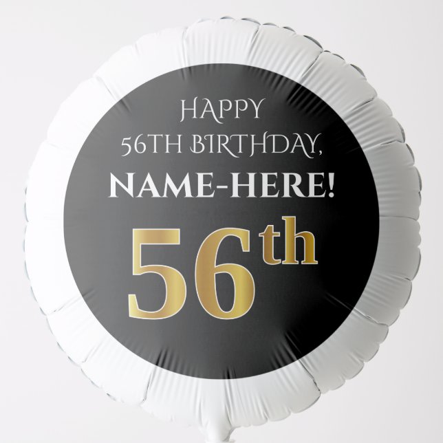 Elegant, Black, Faux Gold Look 56th Birthday Balloon (Front)