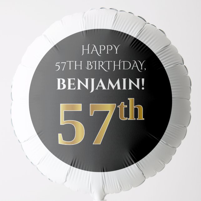 Elegant, Black, Faux Gold Look 57th Birthday Balloon (Front)