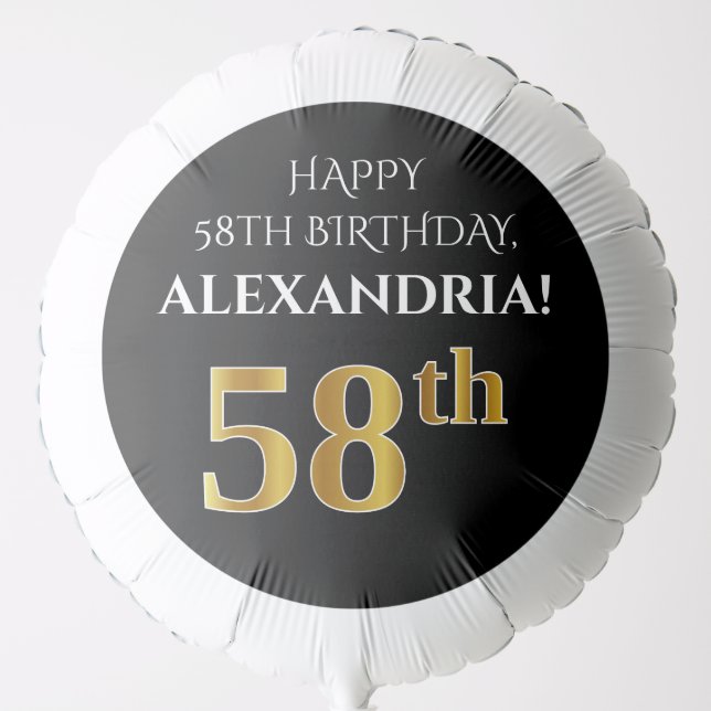 Elegant, Black, Faux Gold Look 58th Birthday Balloon (Front)