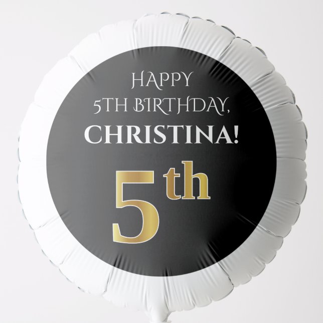 Elegant, Black, Faux Gold Look 5th Birthday Balloon (Front)