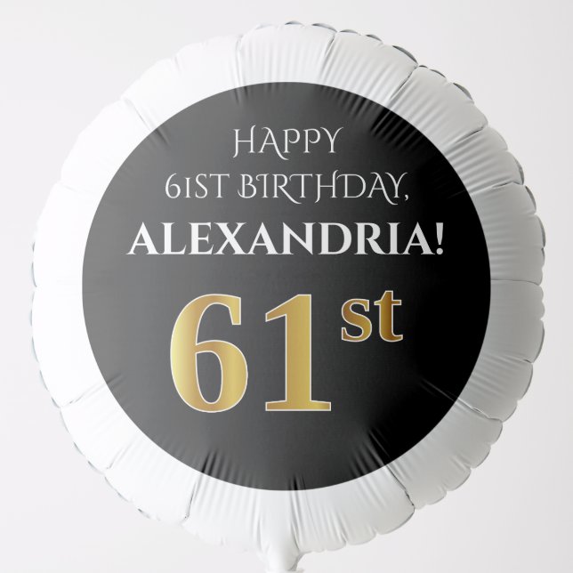 Elegant, Black, Faux Gold Look 61st Birthday Balloon (Front)