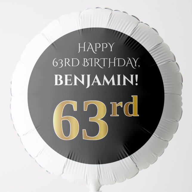Elegant, Black, Faux Gold Look 63rd Birthday Balloon (Front)