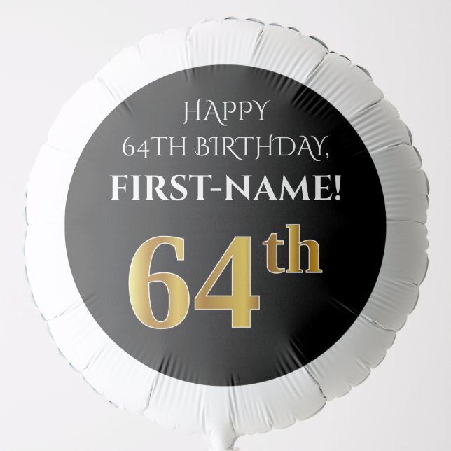 Elegant, Black, Faux Gold Look 64th Birthday Balloon (Front)