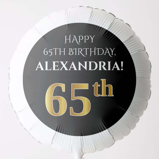 Elegant, Black, Faux Gold Look 65th Birthday Balloon (Front)