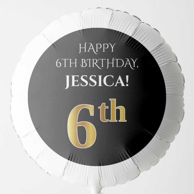 Elegant, Black, Faux Gold Look 6th Birthday Balloon (Front)