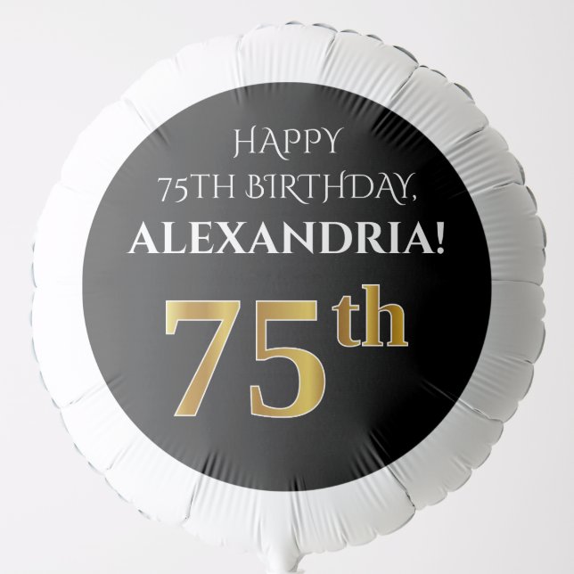 Elegant, Black, Faux Gold Look 75th Birthday Balloon (Front)