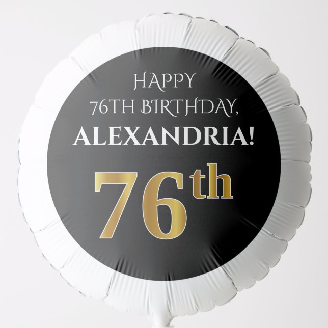 Elegant, Black, Faux Gold Look 76th Birthday Balloon (Front)