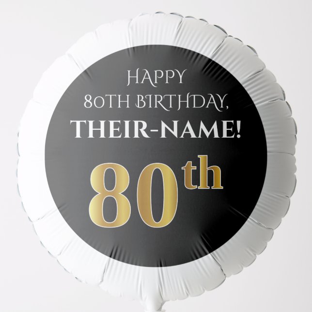 Elegant, Black, Faux Gold Look 80th Birthday Balloon (Front)